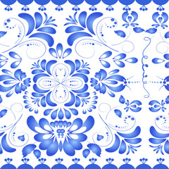 Fototapeta na wymiar Seamless texture with blue floral ornament. Gzhel style. Vector