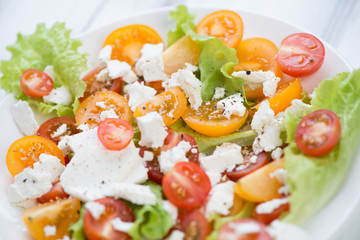 Vegetable salad with feta cheese, close-up, studio shot