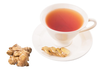 Ginger slices and a cup of tea over white background