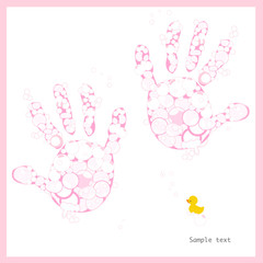 Baby girl hand prints with soap bubbles and duck vector