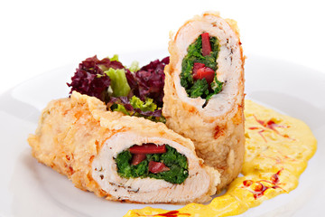 Chicken roulade with spinach,cheese and red pepper