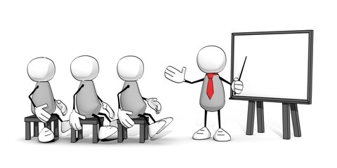 little sketchy man with red tie holding a seminar