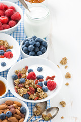 breakfast with granola, yogurt and berries on white wooden table