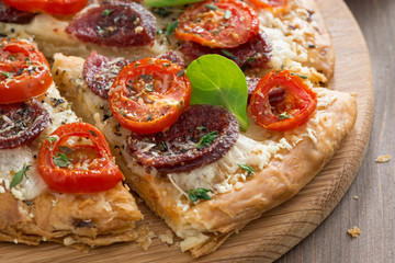 delicious pizza with salami and tomatoes on wooden board