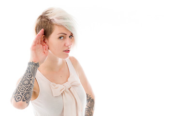 model isolated on plain background listening paying attention