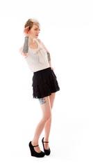 model isolated on plain background listening paying attention