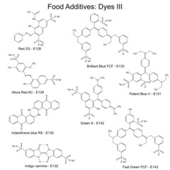 Food dyes - structural chemical formulas of food additives - obrazy, fototapety, plakaty