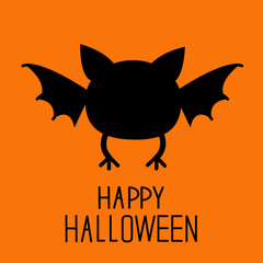 Black bat silhouette. Happy Halloween card. Flat design.