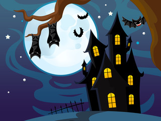 Cartoon halloween scene - bats and castle - illustration for children