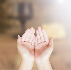 Good Friday concept: Praying over blurred glass of wine and Loaf of bread