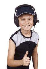 Young boy and headset isolated on white