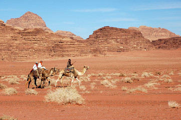 Camel safari in Wadi Rum desert, Jordan.