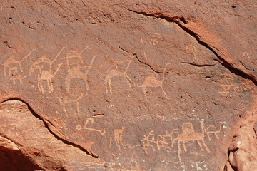 Ancient drawings in Wadi Rum desert, Jordan.