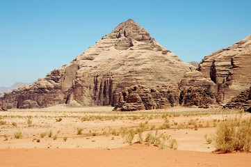 Pyramid mountain landscape in Wadi Rum desert.