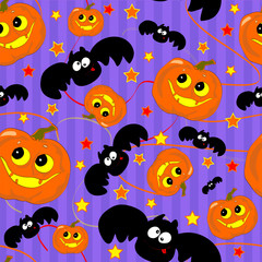Fototapeta na wymiar Seamless pattern with funny Halloween pumpkin and bat