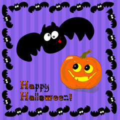 Funny Halloween pumpkin and bat. Illustration, vector