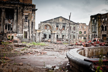 War devastation fear , scenery, wet, dirty, home town