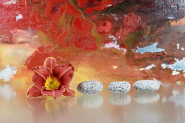 Runde Steine und Lilienblüte