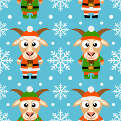 New Year seamless card with funny goat santa claus and goat elf