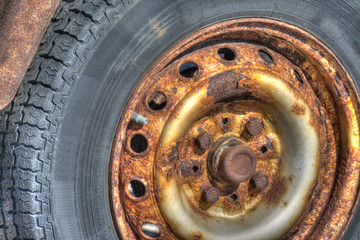 close up  of an old, rusty wheel in hdr