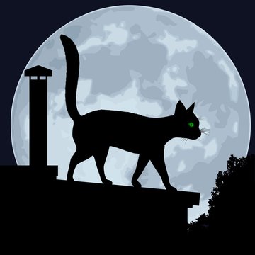 Silhouette of a cat on the roof, on a background of the moon
