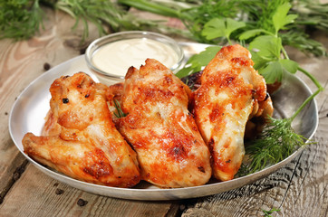 Baked chicken wings with sauce on wooden table