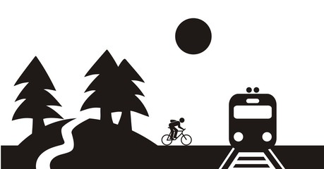 Landscape and train and cyclist