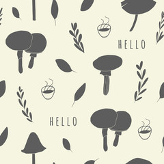 Cute seamless pattern. Background with mushrooms and leaves