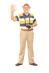 Senior photographer waving with hand
