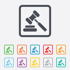 Auction hammer icon. Law judge gavel symbol.