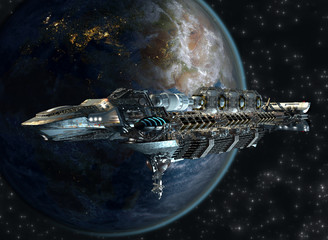Spaceship leaving Earth for interstellar deep space travel