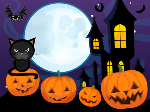 Cartoon halloween scene with pumpkins family - illustration for children