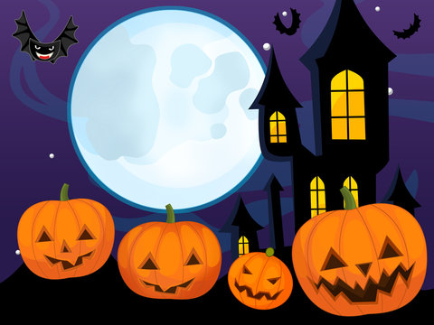 Cartoon halloween scene with pumpkins family - illustration for children