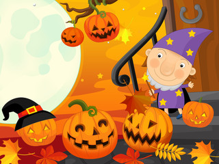 Cartoon happy halloween scene - with Wizard qnd pumpkin witch - like party - illustration for children