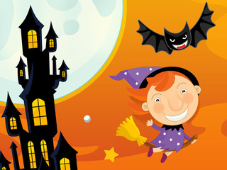Cartoon halloween scene with happy kid - illustration for children