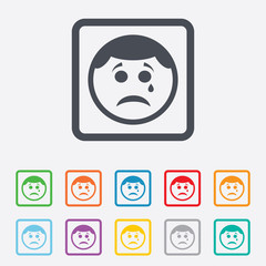 Sad face with tear sign icon. Crying symbol.