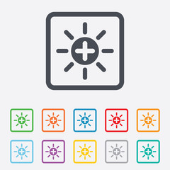 Sun plus sign icon. Heat symbol. Brightness.