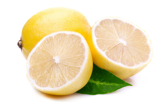 Ripe lemon with leaf.