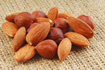 various nuts on hessian fabric