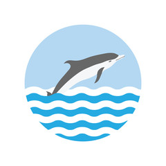 round icon with a water wave and dolphin