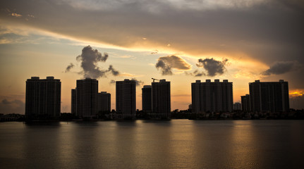 Fototapeta na wymiar Sunset on condo buildings in Miami, Florida