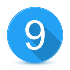 Blue 9 flat icon button with long shadow