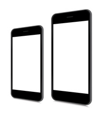 Two sizes of vector smartphones in angled position.