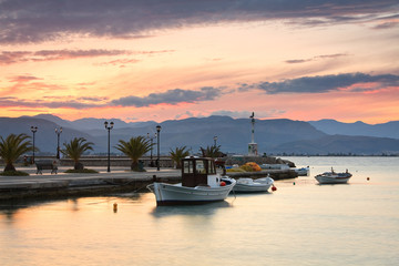 Fishing boats in Argolikos Bay in Peloponnese, Greece.