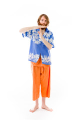 model isolated on plain background hand gesture break sign