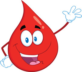 Happy Red Blood Drop Cartoon Mascot Character Waving
