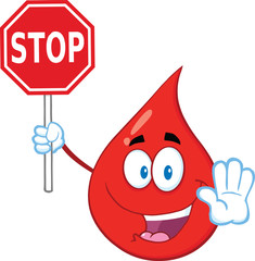 Red Blood Drop Cartoon Mascot Character Holding A Stop Sign