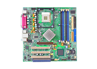 Printed computer motherboard board, isolated on white background