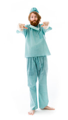 model isolated on plain background fingers pointing to camera