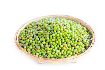Green mung beans in weave basket